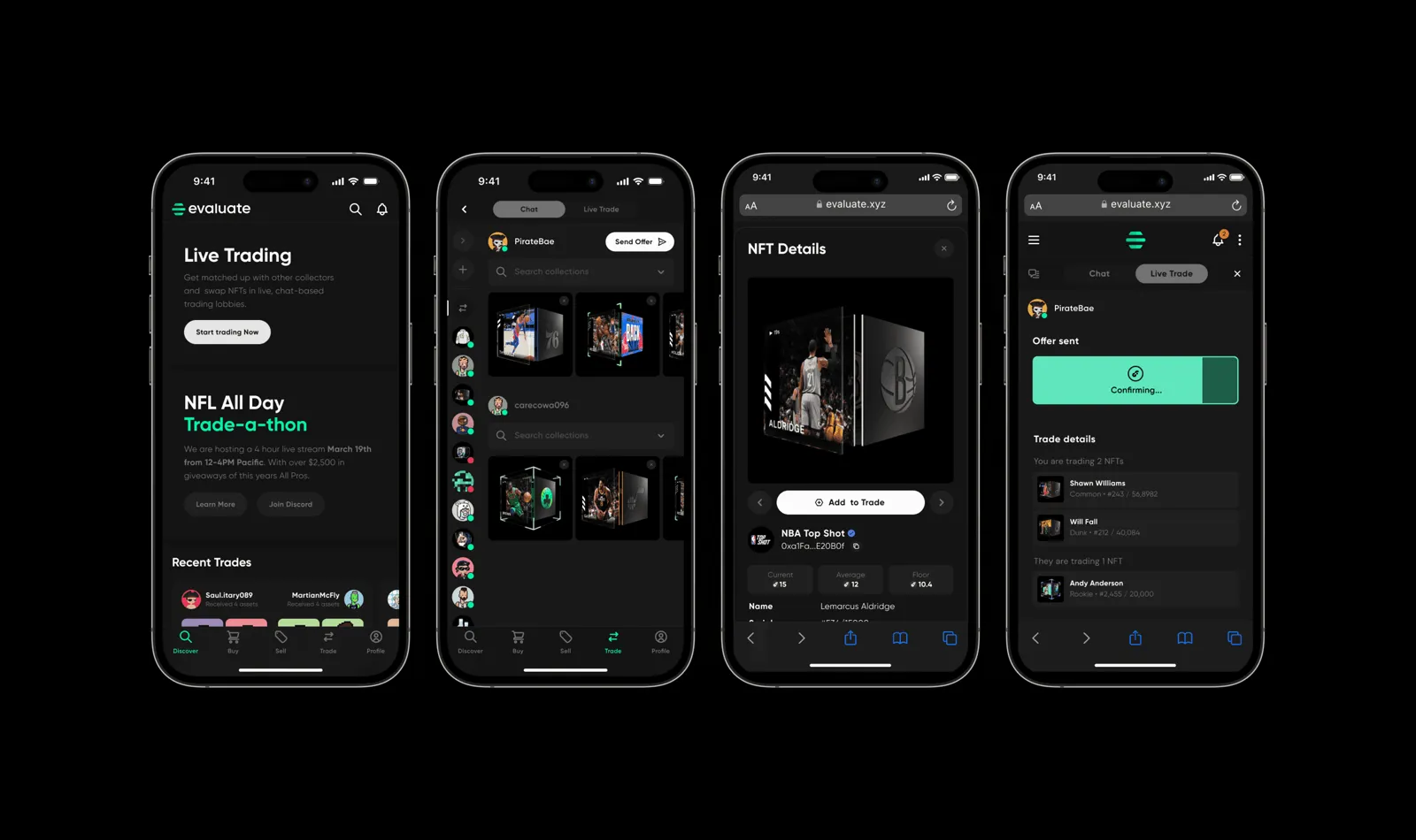 Four Evaluate mobile screens: live trading, trade, NFT details, offer sent